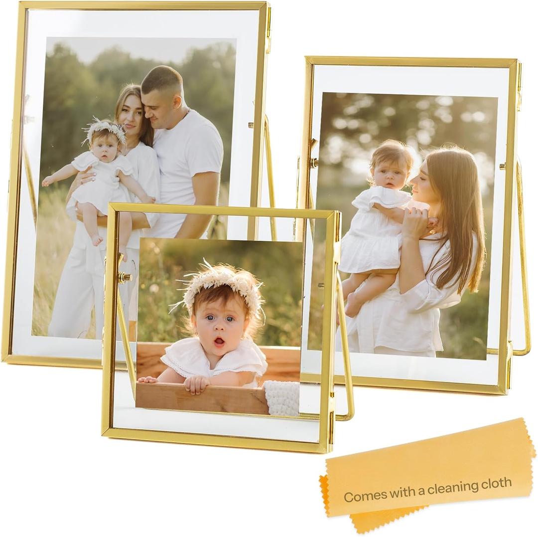 Set of 3 Glass Pressed Flowers Frame Collection, 4"x4", 4"x6", 5"x7" Gold Metal Floating Standing Glass Picture Frames, Tabletop Pressed Glass Artwork Frame Home Decor Photo Display