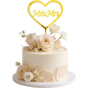 Mr and Mrs Cake Topper with Rustic Design, Acrylic Bride and Groom Wedding Cake Topper for Weddings, Engagements, Anniversaries and Bridal Showers (Golden)