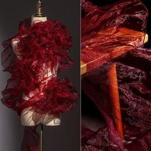 7Yards Ruffled Lace Fabric for Fashion Designers, Ideal for DIY Clothing and Sewing Decoration, Includes Silk Fabric, Ribbon, Organza Ribbon, Iridescent, and Trim (Wine red)