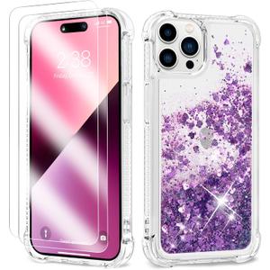 ANSHOW Compatible with iPhone 14 Pro Max Case for Women Girls Liquid Glitter Case,[ with Two Screen Protectors ] Cute Sparkly Clear Shiny Bling Sparkle Phone Cases Clear,Purple