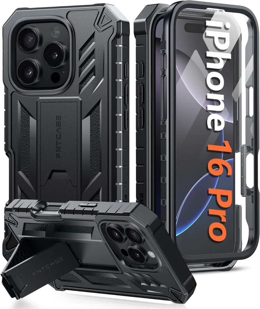FNTCASE for iPhone 16 Pro Case: Military Grade Drop Proof Protection Mobile Cover with Kickstand | Matte Textured Rugged Shockproof TPU | Protective Sturdy Phone Case - 6.3 inch Black