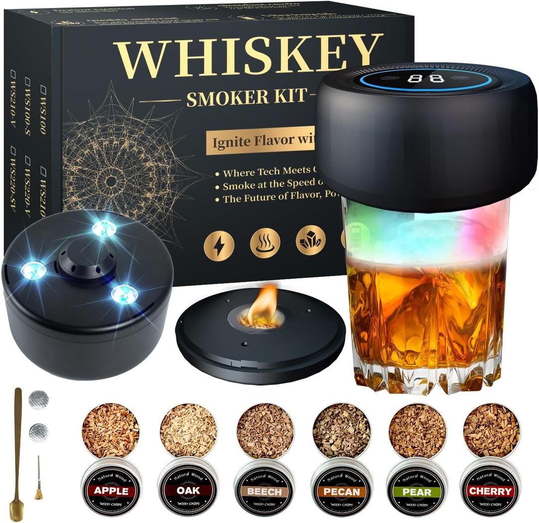 Electric Whiskey Smoker Kit with Led Lights, No Butane Needed | Cocktail Old Fashioned Bourbon Drink Smoker Kit, 6 Flavors Natural Wood Chips, Bourbon Whiskey Gifts for Men, Dad, Husband