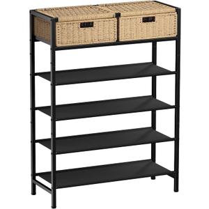 Shoe Rack, 5 Tier Shoe Storage Organizer with 2 Hand Woven Drawers, Metal Shoe Shelf for 16-20 Pairs of Shoes, with 4 Fabric Shelves and Woven Top, Shoe Stand for Closet Entryway, Rustic Oak