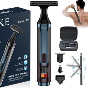 FOKE Back Shaver for Men, Ultra-Wide 1.8" T-Shaped Head, Travel Case, LED 4 in 1 Mens Back Shaver Rechargeable with Long Handle, Safety Lock, IPX7, Multi-Functional Back Trimmer for Men, (Steel Blue)