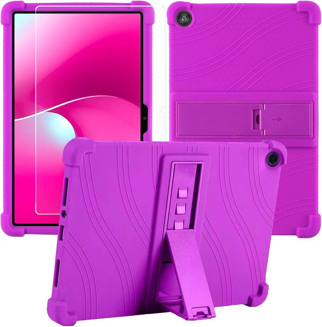 Caweet Case for T-Mobile Revvl Tab 2 10.1" Tablet (2025) with Tempered Glass Screen Protector, Heavy Duty Shockproof Full-Protection Adjustable Stand Silicone Cover, Purple