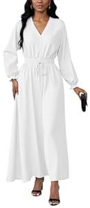 MsavigVice Maxi Dresses for Women Casual V Neck Long Sleeves Elastic Waist Loose Floor Length Church Dress, No Size