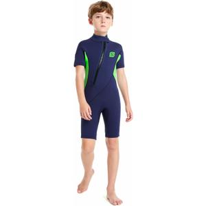 Kids Wetsuit, 2mm Girls Boys Shorty Wetsuits, Thermal Neoprene Swimsuit Warm Sun Protection Front Zip Ultra Stretch Diving Suit Child's Wetsuit for Watersport,  Green, 6