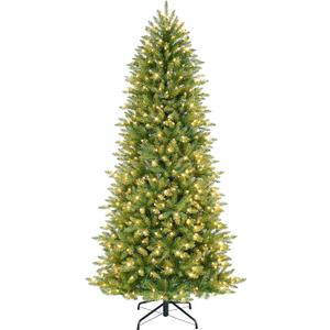 Puleo International 7.5ft Pre-Lit Slim Fraser Christmas Tree with 500 Clear Lights, 1453 Realistic Dense Branch Tips, Easy Setup Artificial Trees with Sturdy Metal Stand