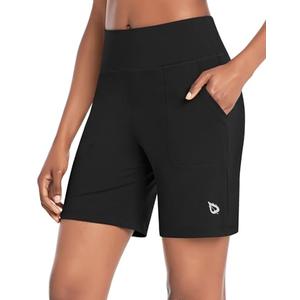 baleaf Women's 7" Athletic Long Shorts High Waisted Running Bermuda Shorts with Pockets Black Large