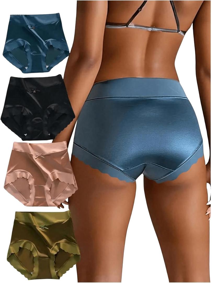 SOLY HUX Women's Satin Silk Briefs Scallop Trim No Show Underwear Lingerie Mid Rise Panties 4 Piece (Blue Pink Multi)