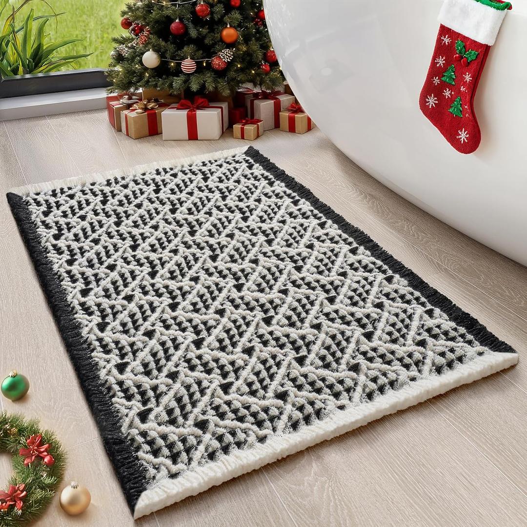 Waffle Bath Mat, Boho Bathroom Rugs Extra Soft and Absorbent Non Slip Washable Bath Rug, Rubber Backed Bathroom Floor Mat Outside Shower Mat, 17x24 (Black)