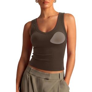 SUUKSESS Women Cotton Ribbed Summer Casual Tops Padded Loose Fit Tank Tops (Brown, L)