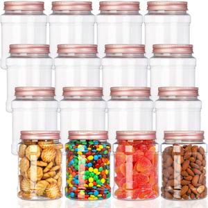 Fasmov 16 Pack 16 Ounce Clear Plastic Jars Containers with Rose Gold Lids, Round Empty Plastic Slime Storage Containers for Kitchen & Household Storage - BPA Free