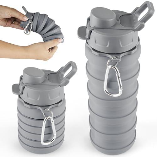 Spacesaver Collapsible Foldable Water Bottle - Silicone - Reusable - Travel Water Bottle Collapsible - Lightweight, Flexible, Portable, Compact - Camping, Hiking, Traveling - Grey