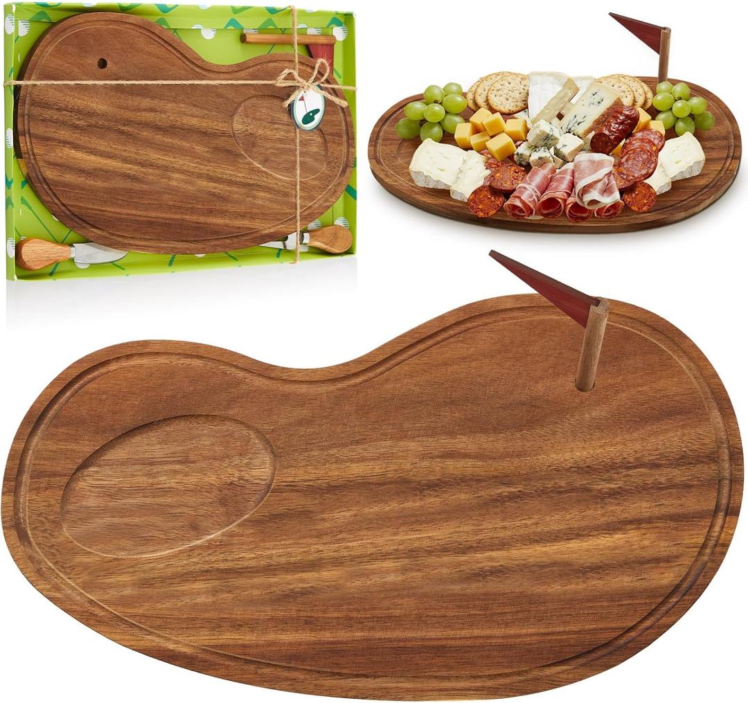 Golf Cheese Board Gift Set Party Favor Prizes Charcuterie Wood Board with Knives and Box Father Day Gift for Dad Grandpa Party Tournament Game(Acacia Wood,Golf)