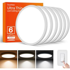 6Pack 12Inch LED Flush Mount Ceiling Light Fixture, 24W 2400LM, Dimmable CCT 3000K/ 4000K/ 5000K, Round Flat Panel Light for Bedroom, 0.7Inch Thin Modern Low Profile Ceiling Lights for Hallway, Porch