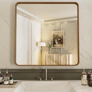 LOAAO 30X30 Bathroom Mirror with Wood Grain Colored Metal Frame, Rounded Rectangle Metal Framed Bathroom Mirror, Anti-Rust, Hangs Horizontally or Vertically