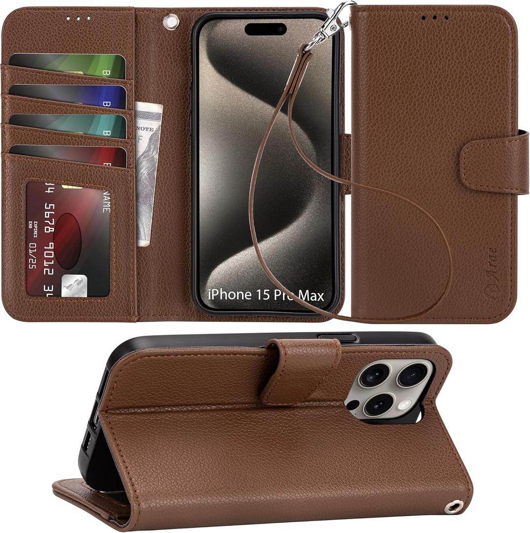 Arae Compatible with iPhone 15 Pro Max Case with Card Holder and Wrist Strap Wallet Flip Cover for iPhone 15 Pro Max 6.7 inch Men RFID Blocking, Wristlet, Kickstand,Litchi Brown
