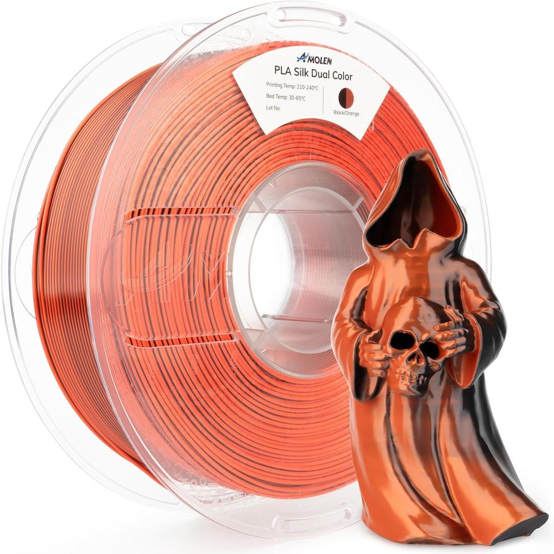 AMOLEN Silk PLA 3D Printer Filament, Dual Color Black Orange PLA 1.75mm, Shiny Color Change Filament 3D Printing PLA Filament for Most FDM 3D Printer, 1kg Spool(2.2lbs)