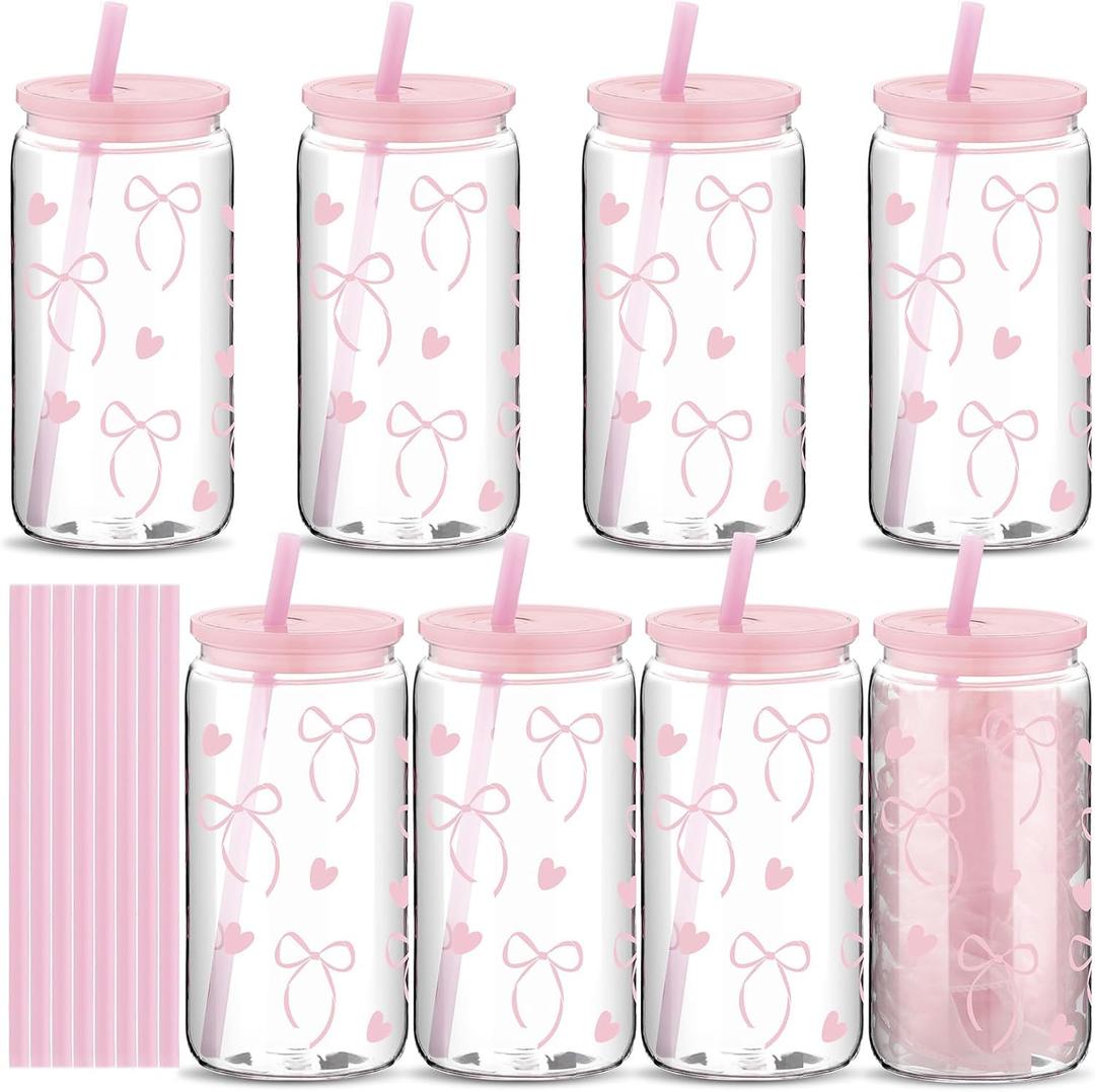 8 Pcs Coquette Pink Bow Plastic Cups with Lids and Straws 16 oz Acrylic Mason Jars Aesthetic Reusable Bottles Bow Iced Coffee Mug Beer Glass Tumbler for Birthday Coquette Party Women Friend