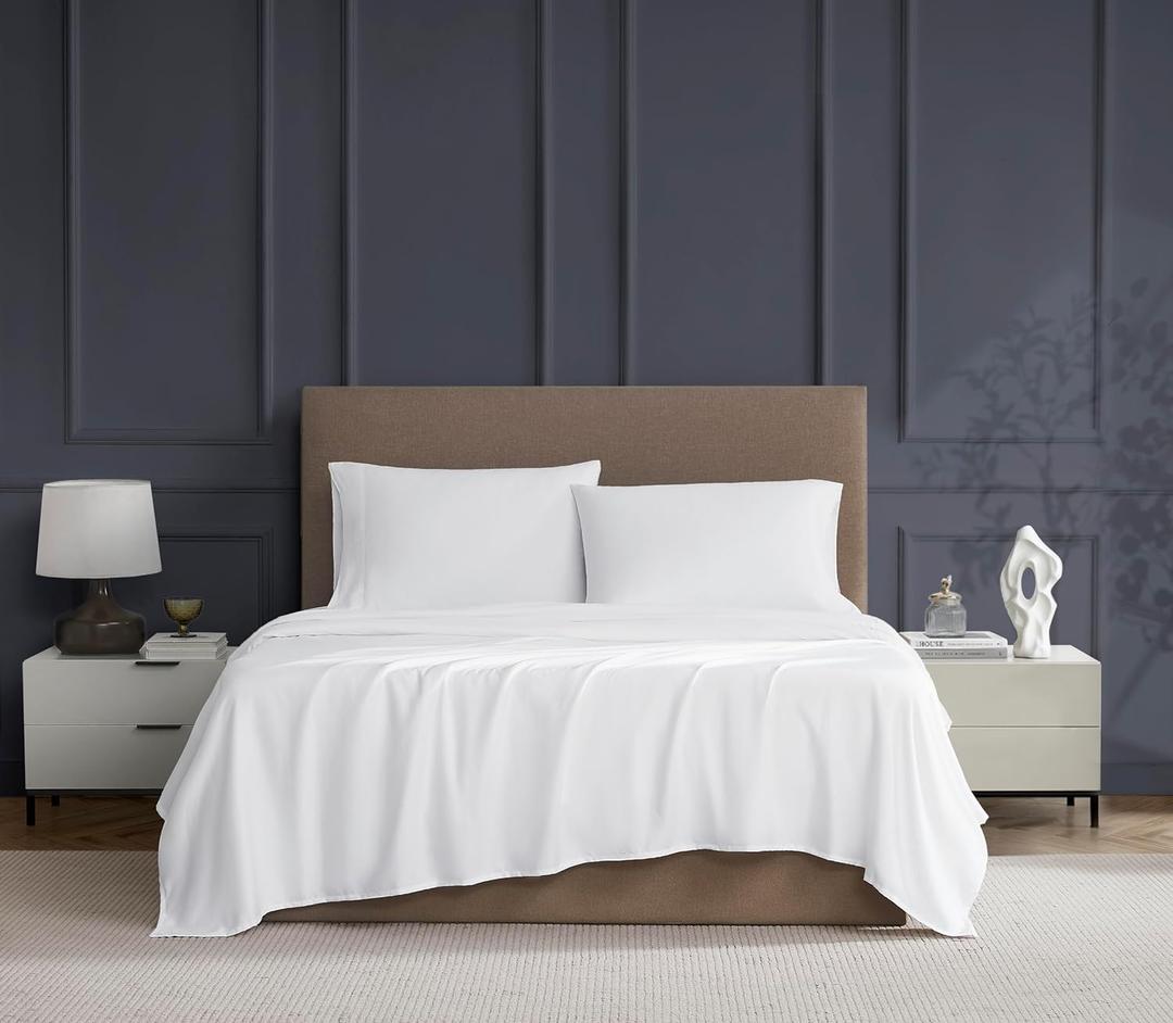 Color Sense 600 Thread Count 100% Long Staple Cotton 4 Piece Bed Sheet Set, Luxury Queen Sheets Sateen Weave, Wrinkle Free, Soft & Silky, Low Pill,Patented Fitted Sheet Fits Upto 18" Deep Pocket,White