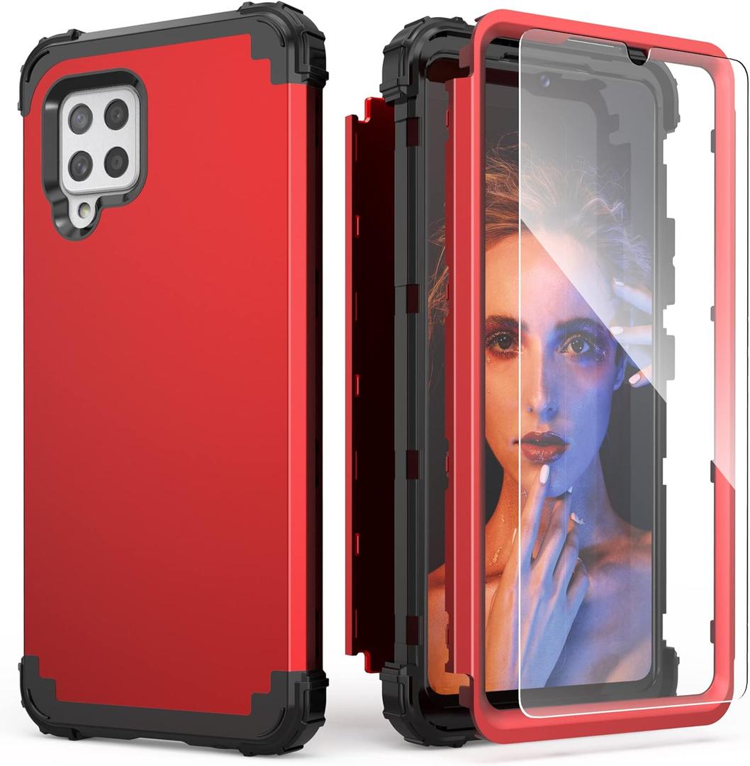 IDweel for Galaxy A42 5G Case with Tempered Glass Screen Protector, Hybrid 3 in 1 Shockproof Heavy Duty Hard PC Cover Soft Silicone Durable Bumper Full Body Cover for Samsung for Galaxy A42,Red