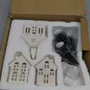 Mwfus 7 Pcs Christmas Miniature Porcelain Village Sets Tabletop Figurine LED Porcelain House Miniature Christmas Figurines Decorations for Tabletop Mantle Decor