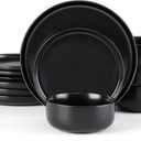 E-far Stoneware Dinnerware Sets for 4, 12-Piece Plates and Bowls Set, Modern Ceramic Dishes Dinning Ware, Microwave & Dishwasher Safe - Matte Black