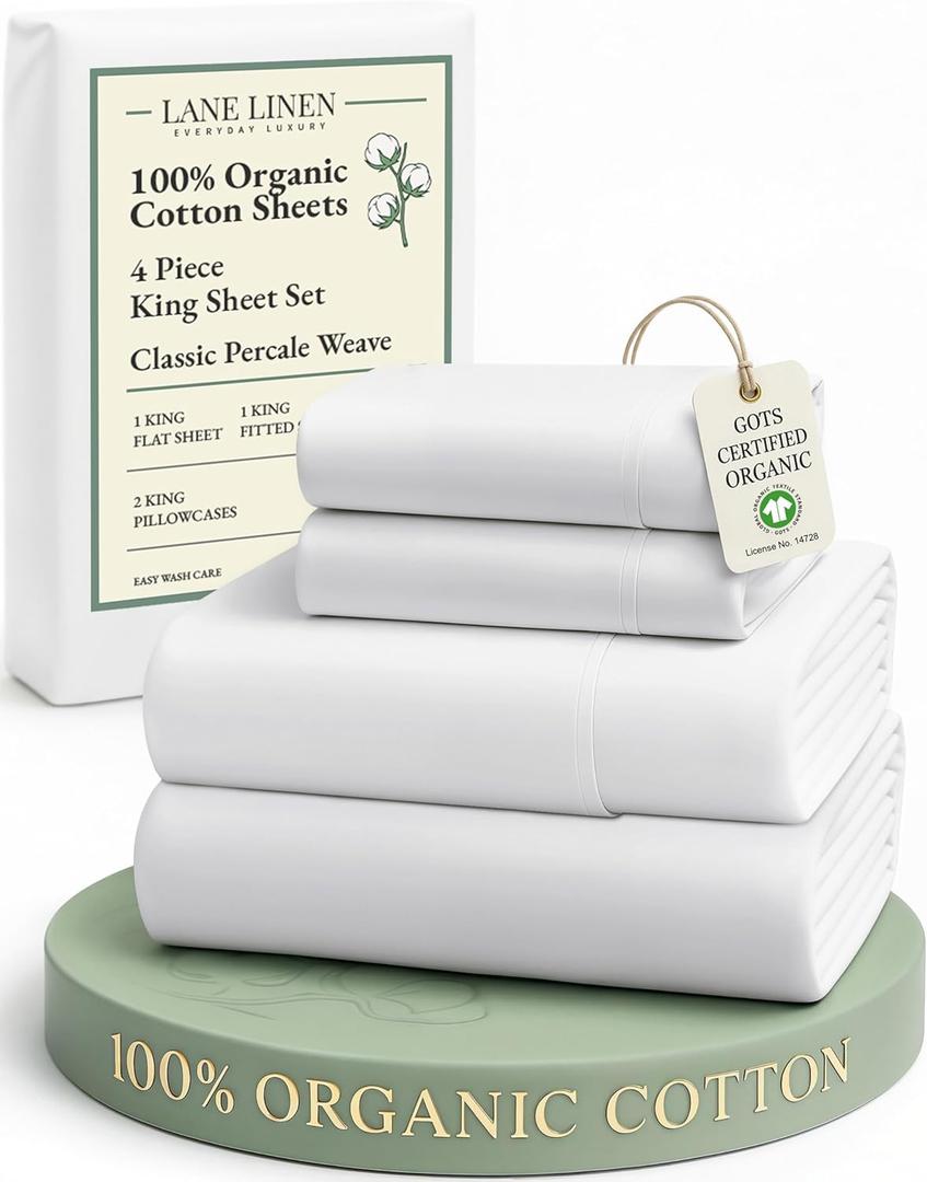 LANE LINEN 100% Organic Cotton King Size Sheets Set, Soft & Comfy All Season Breathable Sheets King Size, Percale Weave Fully Elasticized Eco Friendly Naturally Cooling King White Bed Sheets (01: Pure White)