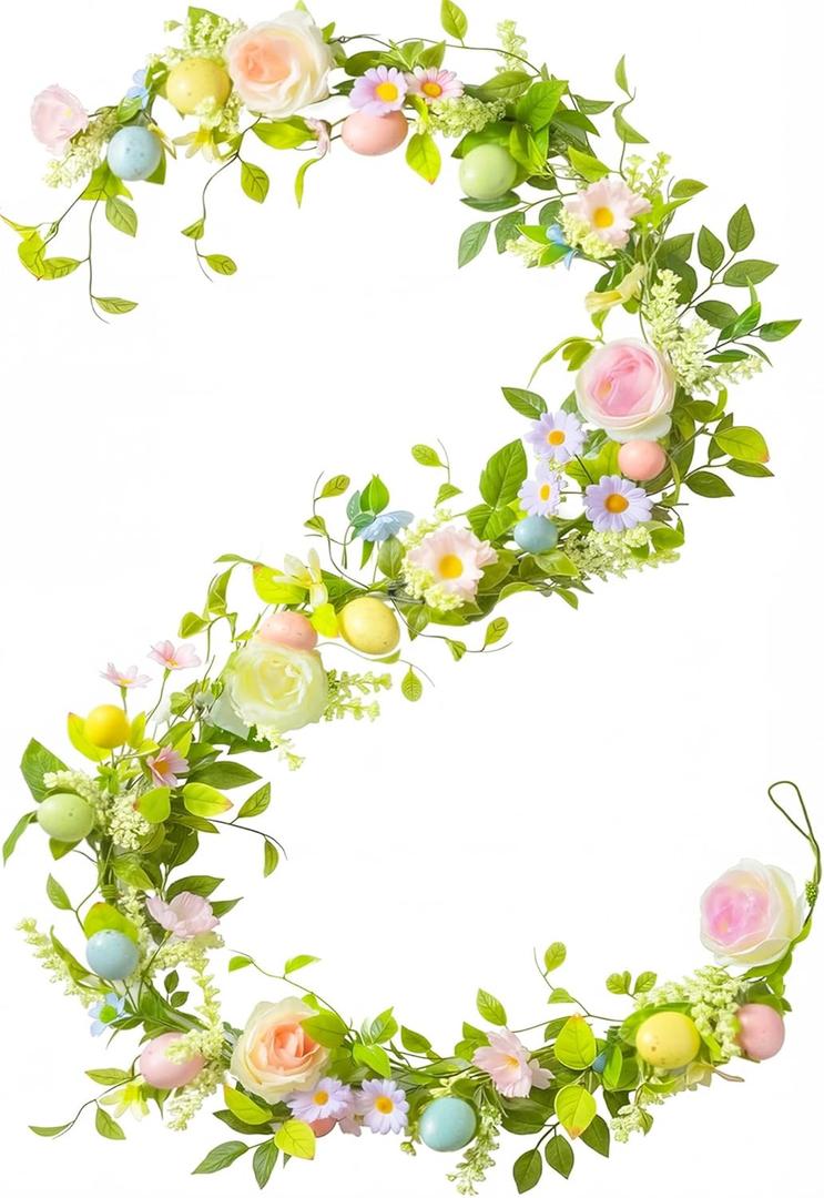 6 FT Lighted Easter Garland with Eggs & Flowers, Artificial Spring Floral Garland with LED Lights, Easter Mantel Garland for Fireplace, Staircase, Table, Wall & Door Spring Decorations