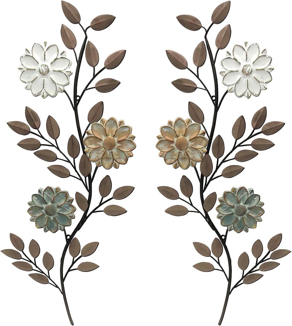 MorningRo 2 Pcs Metal Flower Leaves Wall Art, 15.75 Inch Spring Wall Decor, Vintage Leaf Wall Hanging, Rustic Wall Decor for Holiday Indoor Outdoor (Brown)
