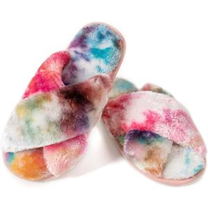 Womens Cross Band Slippers Cozy Furry Fuzzy House Slippers Open Toe Fluffy Indoor Shoes Outdoor Slip on Warm Breathable Anti-skid Sole