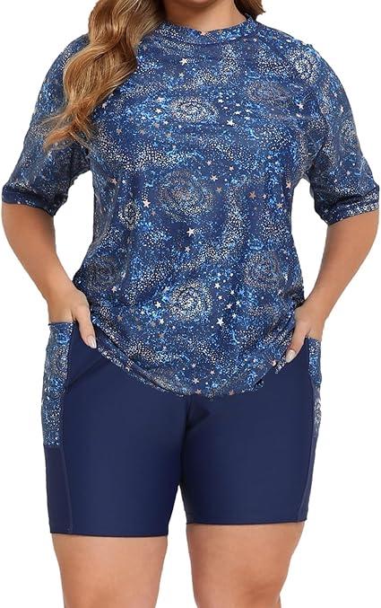 Halcurt Womens Plus Size Rash Guard Built in Bra 2 Piece Swimming Suits Boyleg Pocket Shorts Navy 4X