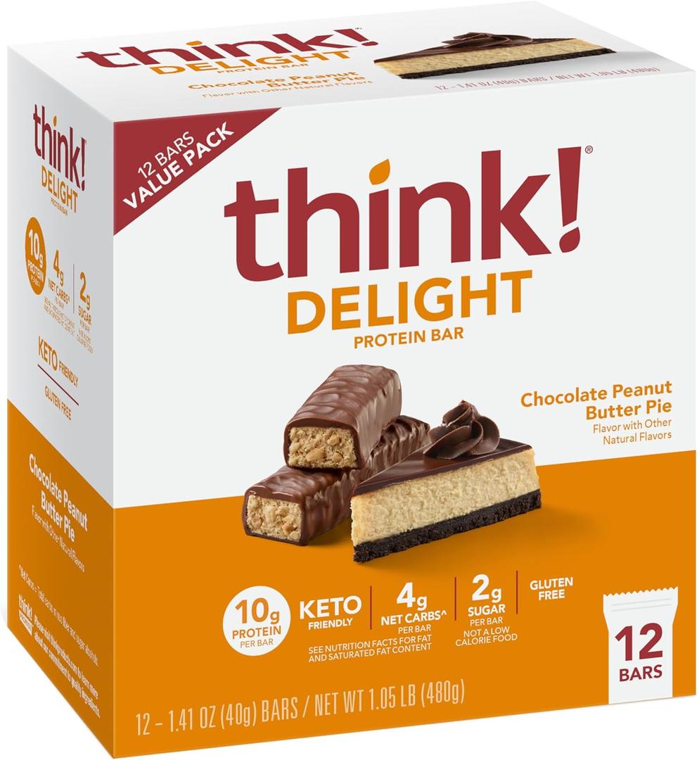 think! Delight Protein Bars, Chocolate Peanut Butter Pie, Low Sugar & Low Carb Gluten-Free Snack, Keto Friendly Snacks, 12 Count, Best By: 20 Jan, 2027