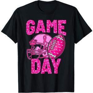 Leopard Game Day Pink American Football Tackle Breast Cancer T-Shirt, L