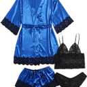 WDIRARA Women' Silk Satin Pajamas Set 4pcs Lingerie Floral Lace Cami Sleepwear with Robe (Large, Royal Blue Black)