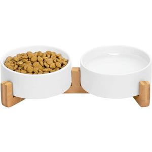 Ceramic Cat and Small Dog Bowl Set  Modern Indoor Small Size Pet Food and Water Bowls with Wood Stand  Non Slip Puppy Sized Feeding Station with Double Dishes (White)