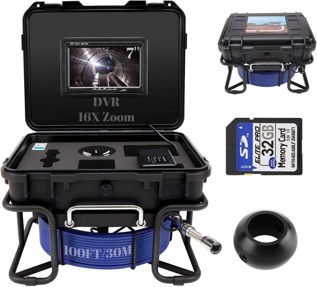 Sewer Camera,Pipe Drain Inspection Camera with DVR, Plumbing Snake Camera | with Light, 7'' HD 1080P IPS Screen,16X Digital Zoom,32GB Card,100FT/30M,IP68 Waterproof Borescope for Industrial Plumber