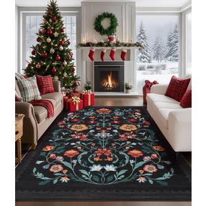 GarveeHome Washable Rug 8x10 Area Rugs for Living Room, Floral Rug for Bedroom, Soft Vintage Non Slip Throw Rugs with Rubber Back, Low Pile Stain Resistant Boho Floral Carpet for Dining Room, Black