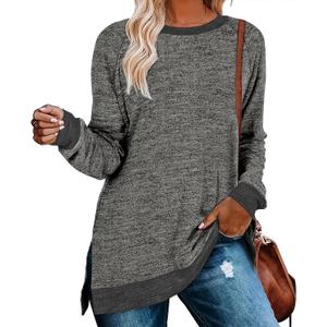 Womens Crewneck Pullovers Color Block Long Sleeve Side Split Tunic Tops (Large, Dark Grey)