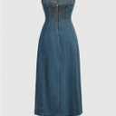 MakeMeChic Women's High Split Tube Denim Dress Sleeveless Ruffle Trim Midi A Line Dress (Blue, M)