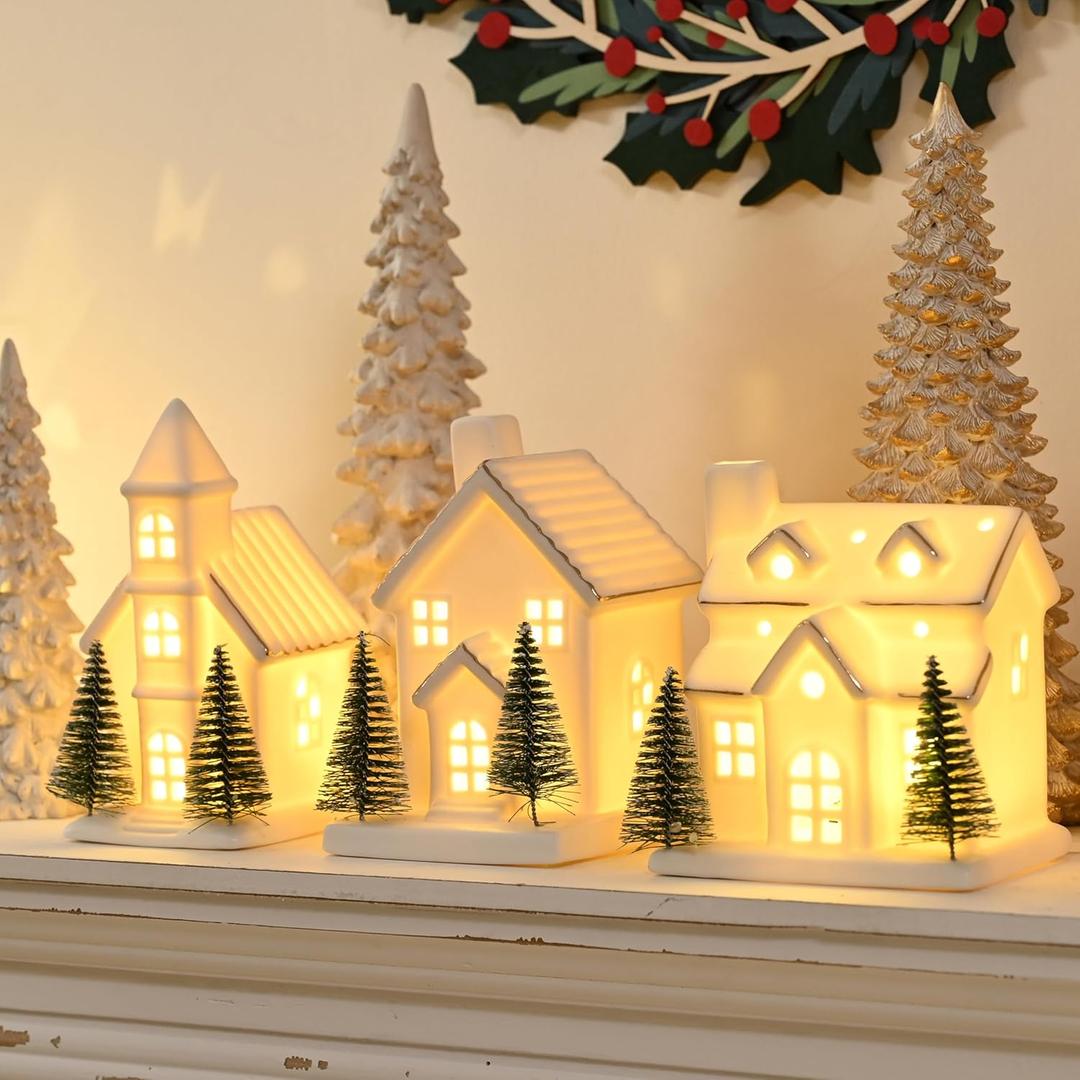 Ceramic White Christmas Village Houses, 3Pcs Light Up Small Porcelain Village House with 6Pcs Christmas Trees, LED Lighted Tabletop House Figurines for Home Decor, Winter Holiday DIY, Gift (Set of 3)
