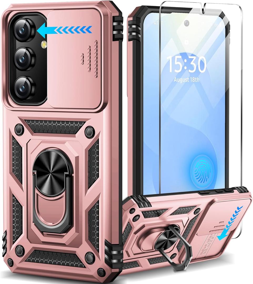 Taisairu for Samsung Galaxy S24/Samsung Galaxy S25 Case with Screen Protector & Slide Camera Lens Cover, Built-in Ring Stand Protective Phone Case for Samsung S25 Case/Samsung S24 Case (Rose Gold)