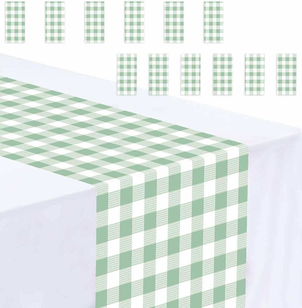 12 Pcs Sage Green and White Checkered Table Runner Plastic 14 x 108 Disposable Sage Green Gingham Table Runner for Birthday Wedding Baby Shower Party Table Centerpiece Decorations
