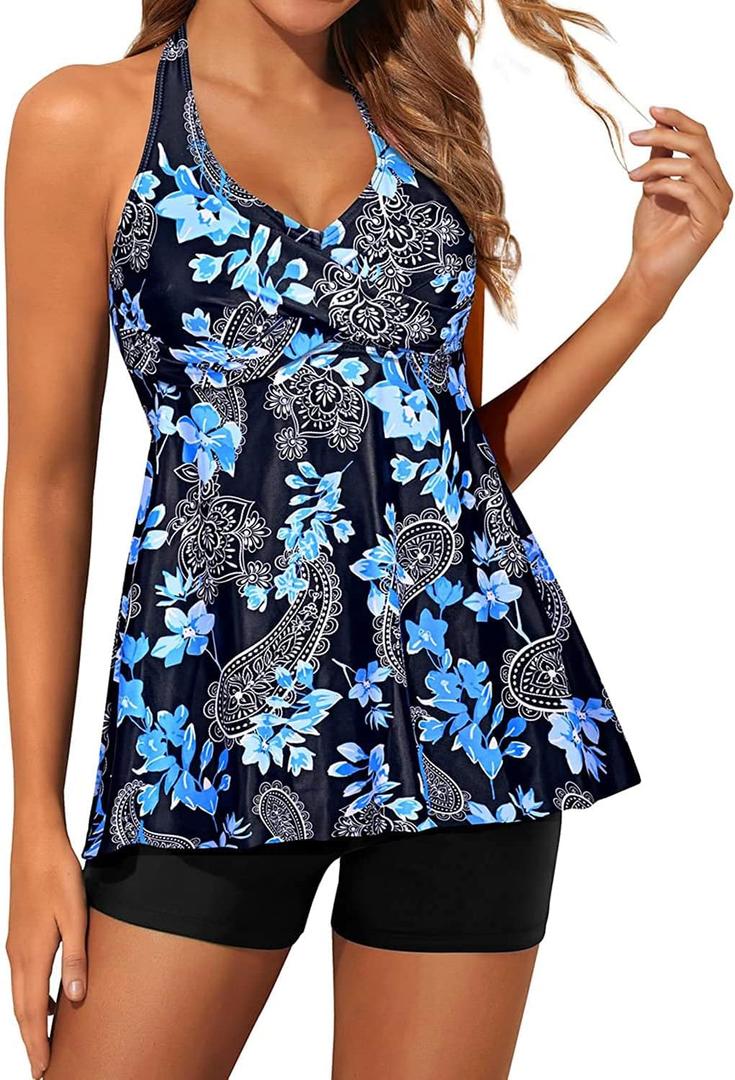 Yonique Two Piece Tankini Swimsuits for Women with Shorts Halter V Neck Bathing Suits Flowy Twist Front Swimwear (18 W, Blue Flower)