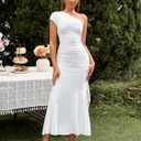 Summer One Shoulder Wedding Guest Dresses for Women Elegant Long Formal Bodycon Ruched Bridesmaid Midi Dress 2026 (White, L)