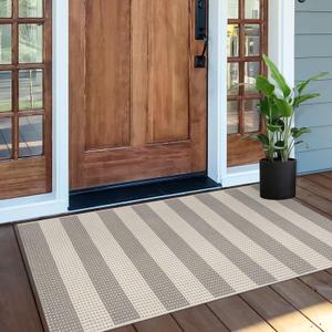 OJIA Front Door Rug 24"x51" Washable Checkered Rug Cotton Woven Small Outdoor Rug Kitchen Entryway Rugs Indoor Doormat Outdoor Entrance Porch Carpet for Bathroom Bedroom (Gray/White/Tan)