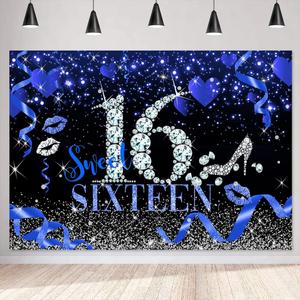 Sensfun Blue and Silver Sweet 16 Birthday Backdrop Glitter Bokeh Hearts Sweet Sixteen Background Princess Girls 16th Birthday Party Decorations Cake Table Banner 7x5ft