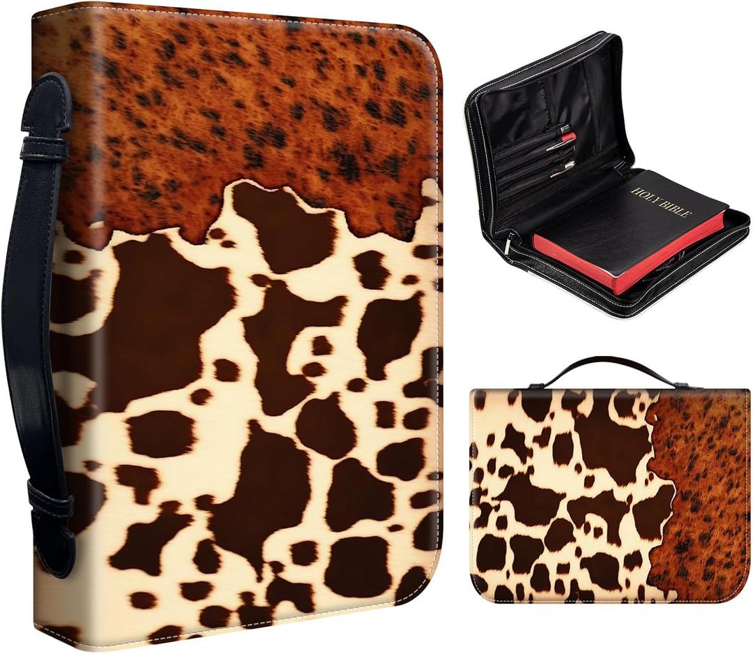 Bible Covers for Women, PU Leather Bible Case with Pockets and Zipper, Large Size Bible Carrying Case Fits Books Up to 12.2" x 9" x 2.76, Bible Holder Bag for Man, Brown Cow