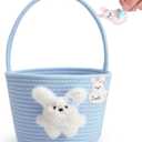 Pink Easter Basket for Kids, Reusable Woven Basket with Handle, Bunny Easter Gift Bag for Girls & Toddlers, Egg Hunt Bag (blue)
